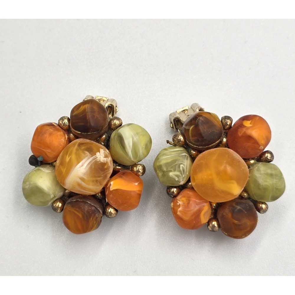 Vintage Kramer Marbled Swirl Cluster Clip On Earrings Autumn Fall Boho Colorful‎